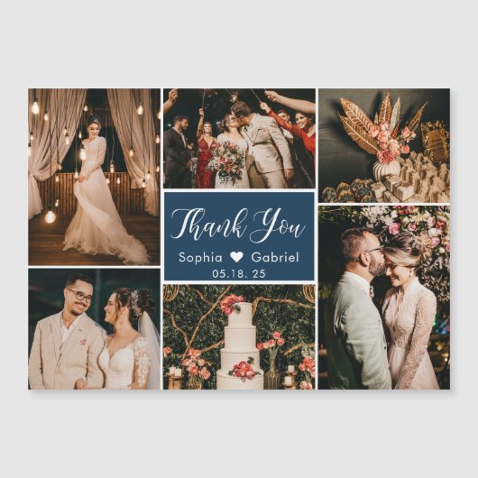Stylish Navy Photo Collage Wedding Bedankt (Voorkant)