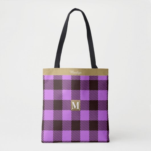 Stylish Orchid Tartan Leather Monogram Name Bridal Tote Bag (Voorkant)
