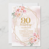 Stylish Pale Pink Gold Glitter Floral 90th Invite Kaart (Voorkant)
