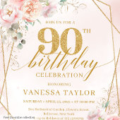 Stylish Pale Pink Gold Glitter Floral 90th Invite Kaart