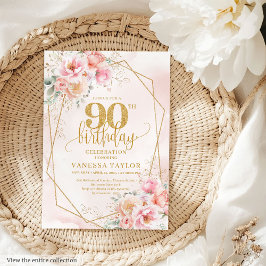 Stylish Pale Pink Gold Glitter Floral 90th Invite Kaart