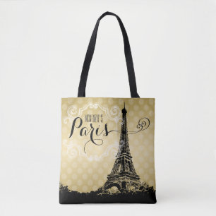 Stylish Paris Eiffel Tower Faux Gold Monogramed Tote Bag