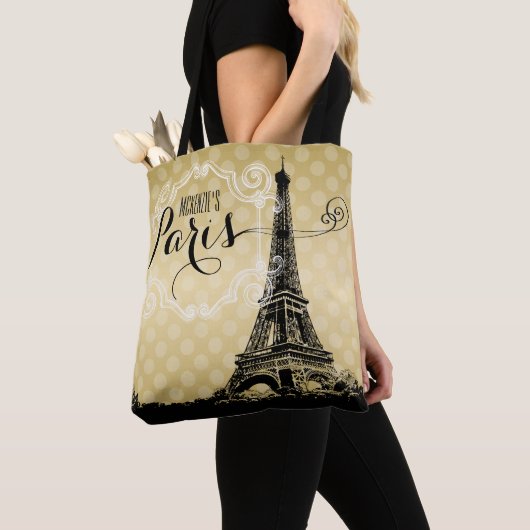 Stylish Paris Eiffel Tower Faux Gold Monogramed Tote Bag (Dichtbij)