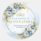 Stylish Pastel Blue Gold Eucalyptus Quinceañera   Ronde Sticker (Voorkant)