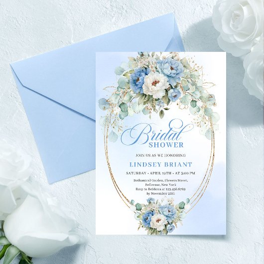 Stylish Pastel Blue Peony Gold Bridal Shower Card Kaart