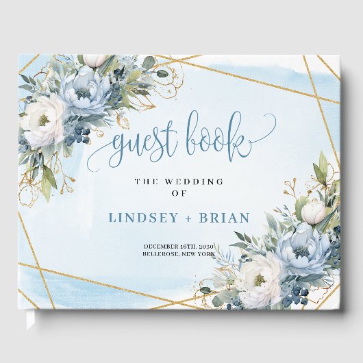 Stylish Pastel Blue White Gold Peonies Guest Book Gastenboek (Voorkant)