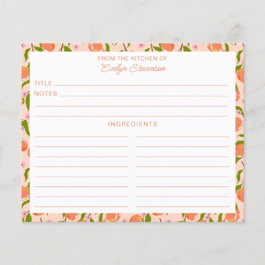 Stylish Peach Fruit Botanical Cute Recipe Card (Voorkant)