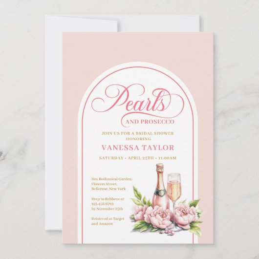 Stylish Pearls and Prosecco Shower Invite Card Kaart (Voorkant)