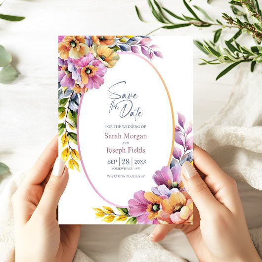 Stylish Pink and Orange Floral Save the Date Kaart
