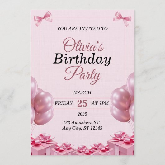 Stylish pink Birthday Invitation Card Kaart (Voorkant)