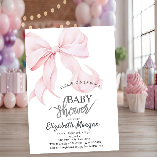 Stylish Pink Bow Striped Baby Shower Kaart