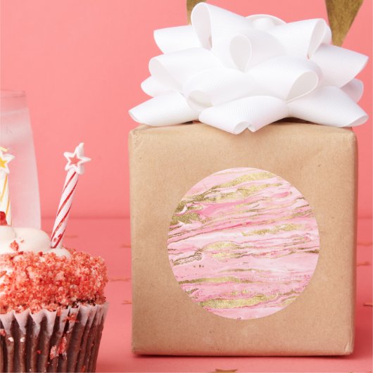 Stylish Pink Gold Abstract Marble Liquid Paint Ronde Sticker (Feest)