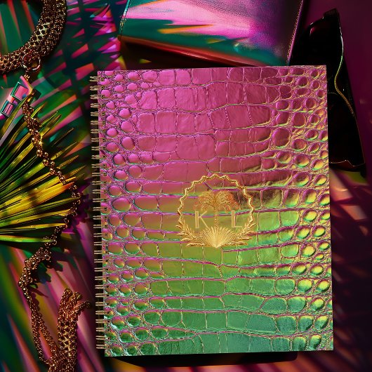 Stylish Pink Green Iridescent Croc Monogram  Notitieboek