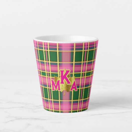 Stylish Pink & Green Plaid Monogrammed Latte Mok (Voorkant)