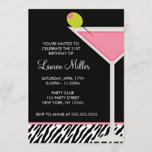 Stylish Pink Martini Glass Birthday Party Kaart