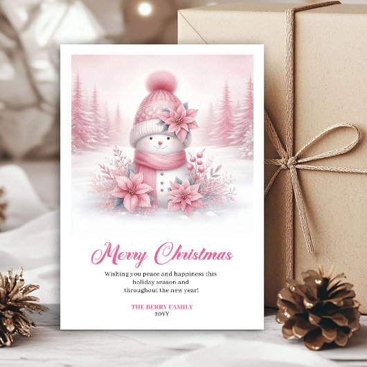Stylish Pink Snowman Digital Festive Scene Greetin Feestdagenkaart