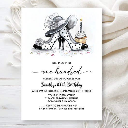 Stylish Polka Dot High Heel Shoes 100th Birthday Kaart