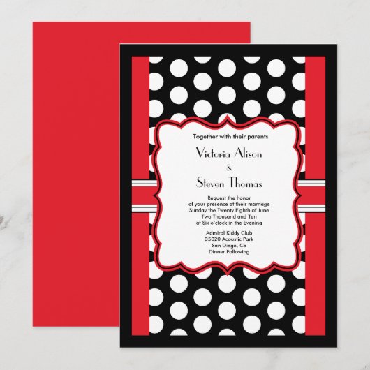 Stylish Polka Dot Wedding Invitation (Red) Kaart (Voorkant / Achterkant)