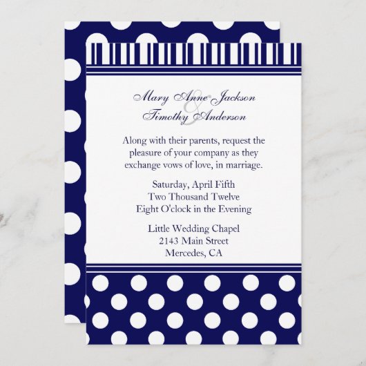 Stylish Polka Dots & Stripes Wedding Invitation Kaart (Voorkant / Achterkant)