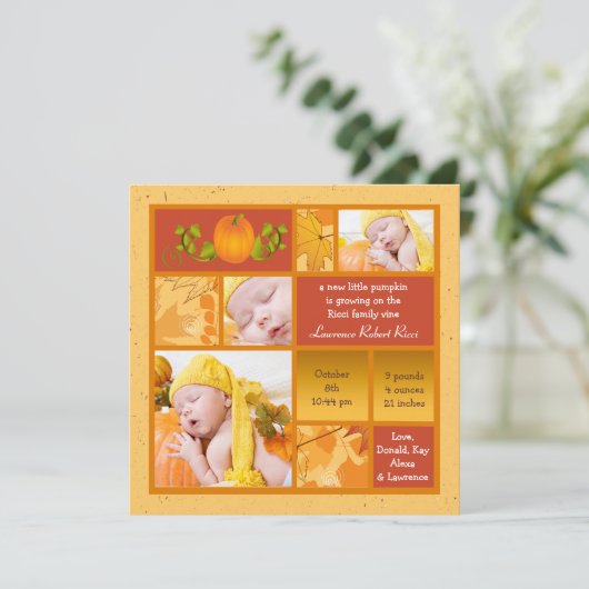 Stylish Pumpkin Photo Square Birth Announement Aankondiging (Staand voorkant)