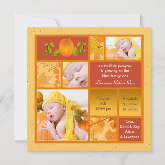 Stylish Pumpkin Photo Square Birth Announement Aankondiging (Voorkant)