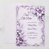Stylish Purple Flowers Save The Date (Voorkant / Achterkant)