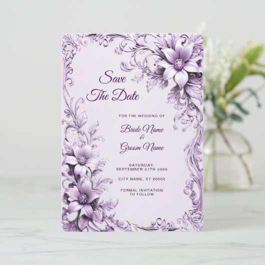 Stylish Purple Flowers Save The Date (Staand voorkant)