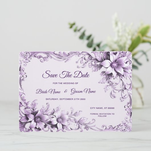 Stylish Purple Flowers Save The Date (Staand voorkant)