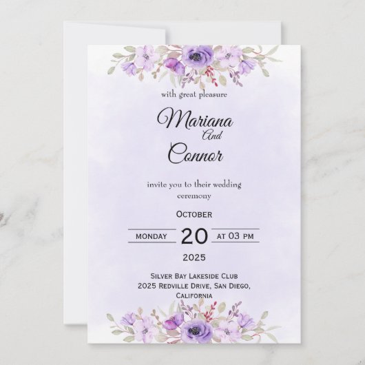 Stylish Purple Minimalist Floral Wedding  Kaart (Voorkant)