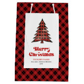 Stylish red black plaid Christmas bag custom name Medium Cadeauzakje (Achterkant)