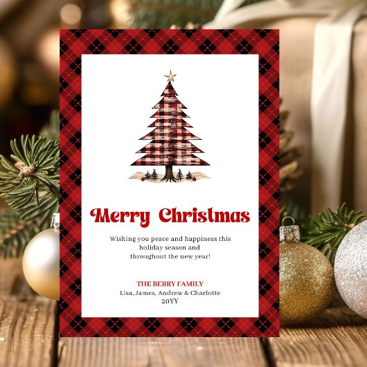 Stylish Red Black Plaid Christmas Tree Greeting Feestdagenkaart