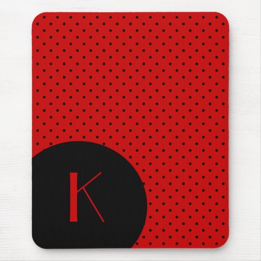 Stylish Red & Black Polka Dot Monogram Muismat (Voorkant)