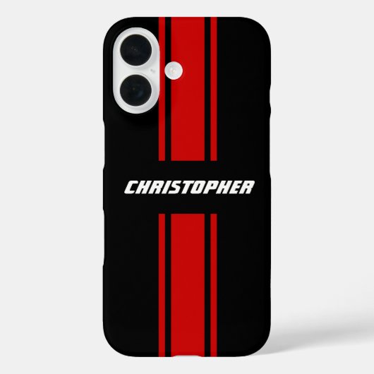 Stylish Red Black Racing Stripes Monogramnaam Case-Mate iPhone Case (Achterkant)