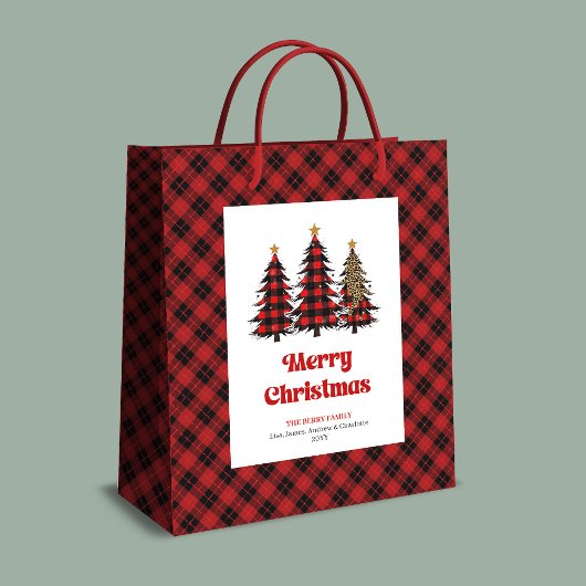 Stylish red black tartan Christmas bag personalize Medium Cadeauzakje