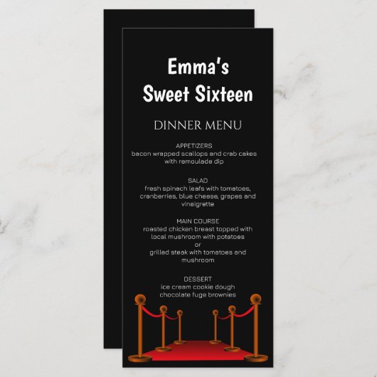 Stylish Red Carpet Hollywood Sweet 16 Birthday Menu (Voorkant / Achterkant)