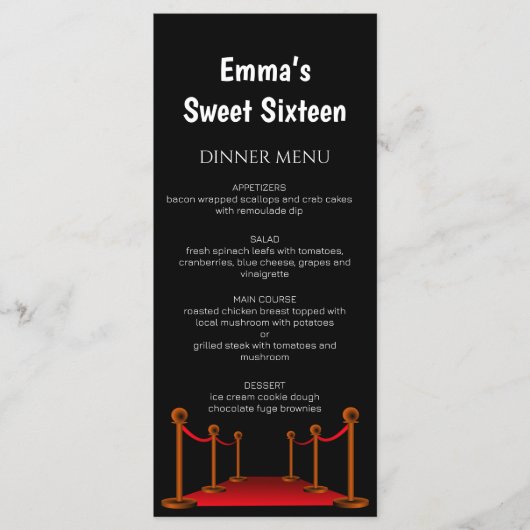 Stylish Red Carpet Hollywood Sweet 16 Birthday Menu (Voorkant)