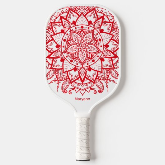 Stylish Red Mandala Flower Boho Name & Initialen Pickleball Paddle (Voorkant)