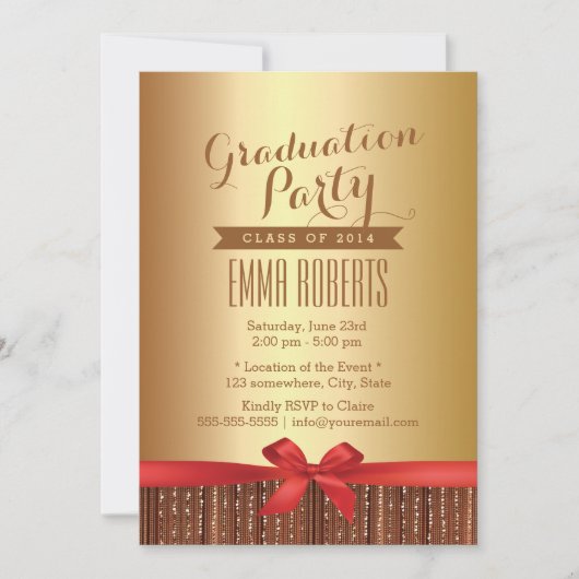 Stylish Red Ribbon Gold Foil Graduparty Kaart (Voorkant)