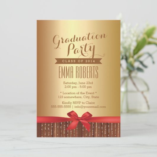 Stylish Red Ribbon Gold Foil Graduparty Kaart (Staand voorkant)