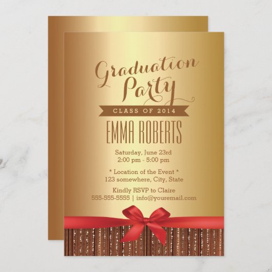 Stylish Red Ribbon Gold Foil Graduparty Kaart (Voorkant / Achterkant)