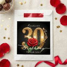 Stylish Red Rose Black Gold Glitter 30th Birthday