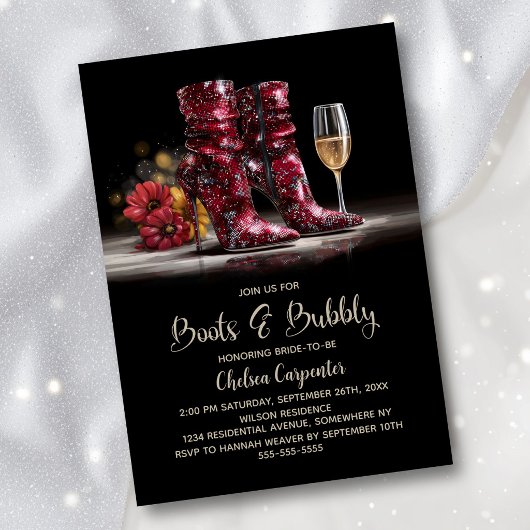 Stylish Red Sequin Boots and Bubbly Bridal Shower Kaart