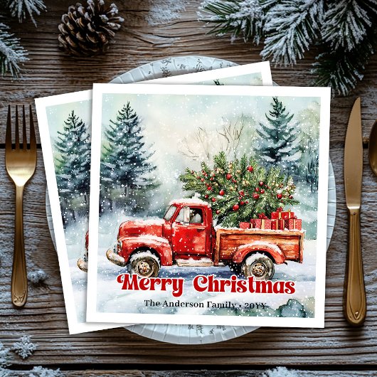 Stylish red truck winter scene rustic napkins set servet