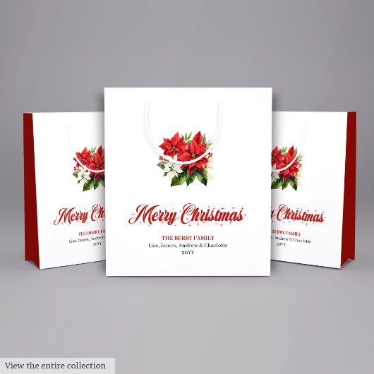 Stylish Red White Poinsettia Custom Name Gift Bag Medium Cadeauzakje
