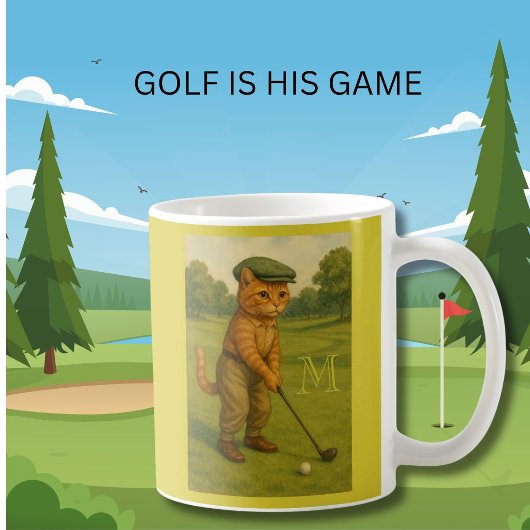 Stylish Retro Cat Playing Golf Custom Monogram Koffiemok