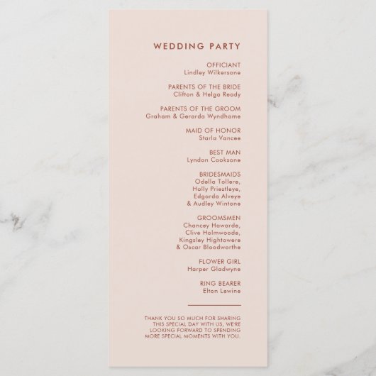 Stylish retro peach pink bruiloft programme programmakaart (Achterkant)