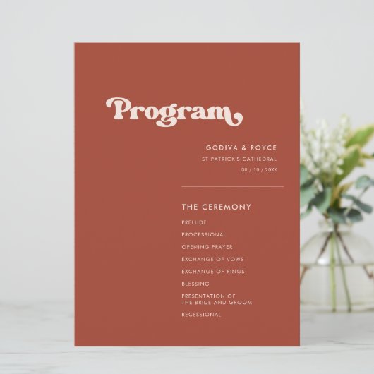 Stylish retro terracotta bruiloft programmakaart (Staand voorkant)