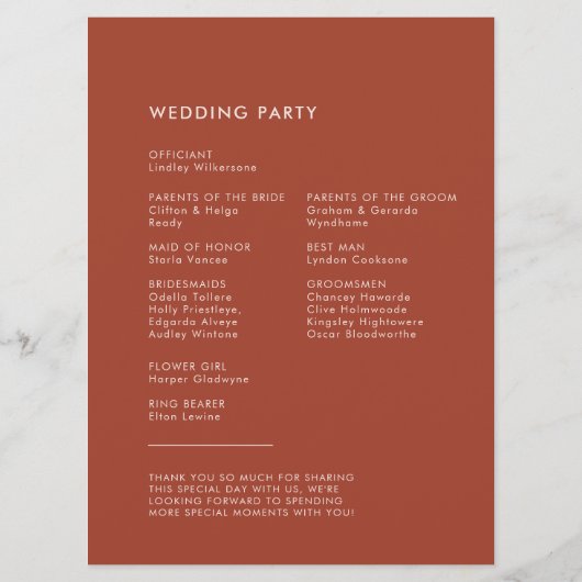 Stylish retro terracotta bruiloft programmakaart (Achterkant)