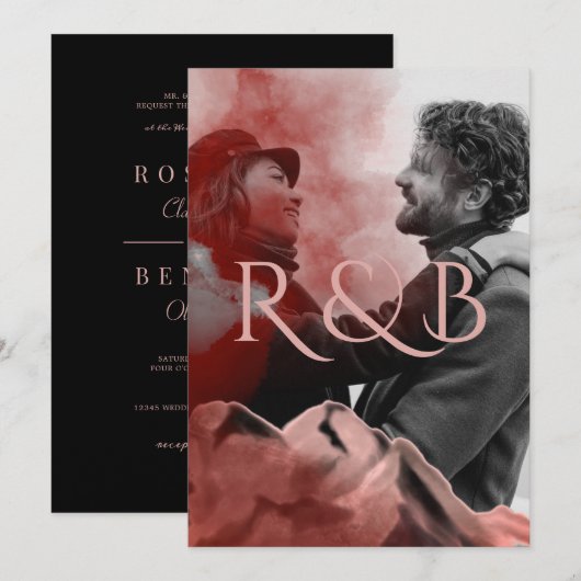 Stylish Roos Gold Mountains Overlay Photo Wedding Kaart (Voorkant / Achterkant)