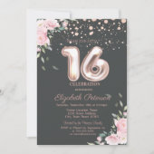 Stylish Roos Gold Stippen, Floral Sweet 16  Kaart (Voorkant)